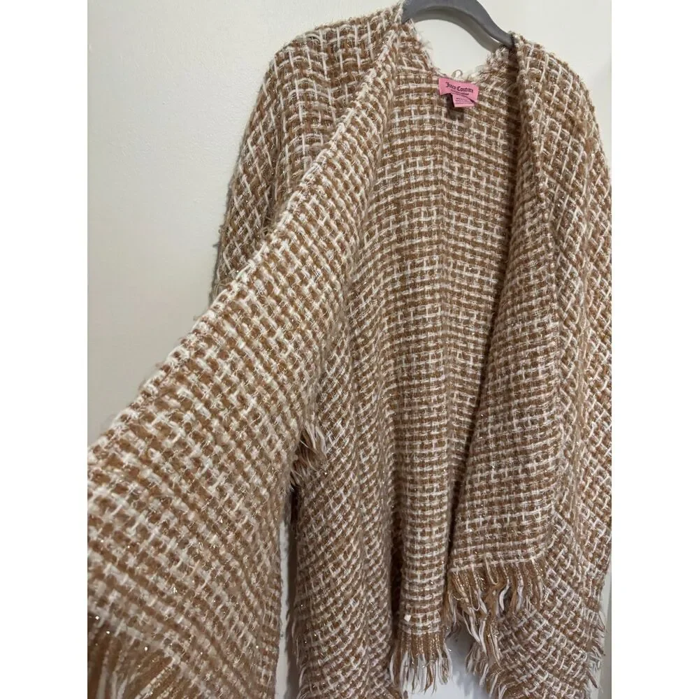 Juicy Couture Tweed Poncho Wrap Fringe Boho Cozy Neutral OS Luxe Casual Chic - Picture 5 of 7